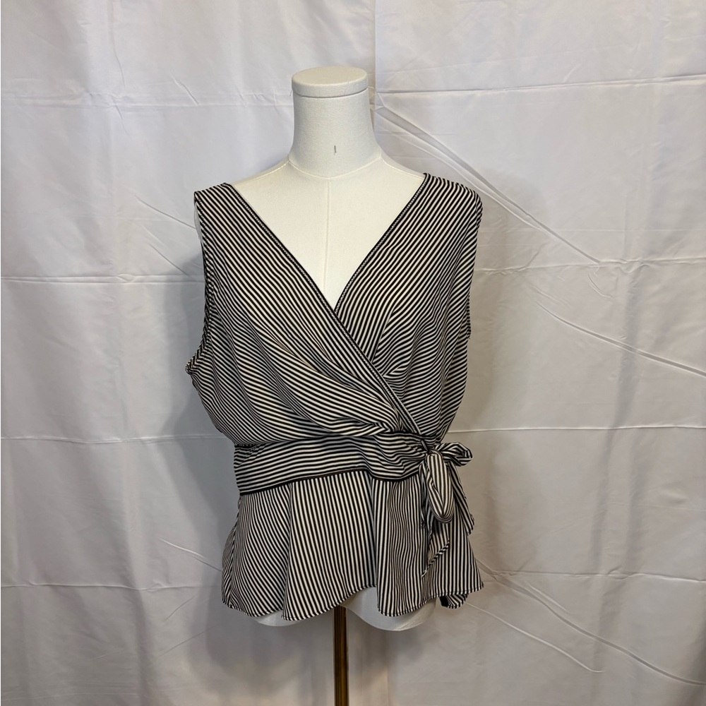 Covington Size 16 Brown Cream Striped Wrap Style Sleeveless Blouse Tie Waist Top